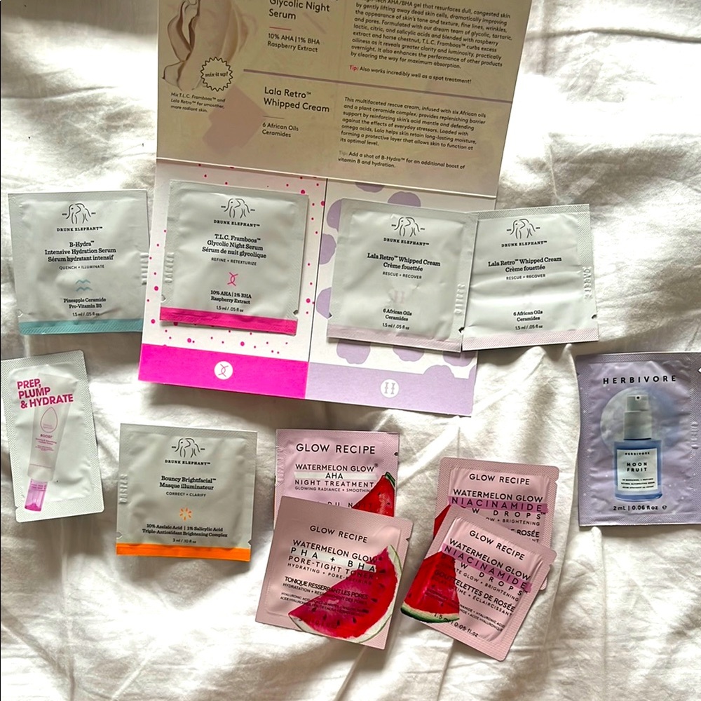Drunk Elephant, Glow Recipe and Herbivore sample skin care